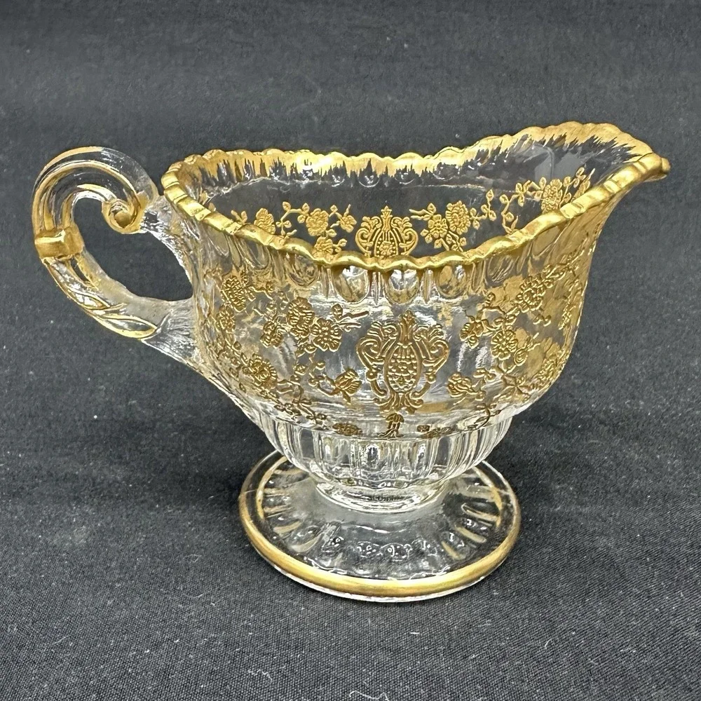 Cambridge 'Rose Point' Cream & Sugar Set With Gold Encrusted Decoration, Vintage